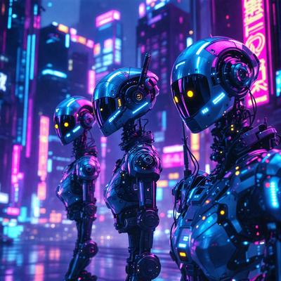 The primary subject of the image is a group of four robotic figures, each with a distinct appearance. They are standing in a futuristic cityscape, surrounded by a vibrant and colorful environment. The setting includes a city street with buildings and neon lights, creating a lively and dynamic atmosphere. The visual style of the image is a combination of photo and digital art, giving it a unique and captivating appearance. The colors and mood of the image are predominantly purple and blue, which contribute to